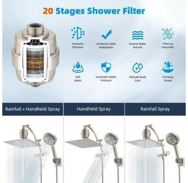 Main image of Hibbent All Metal 12'' Filtered Rainfall Shower Head Combo, High Pressure Handheld Shower Head with
