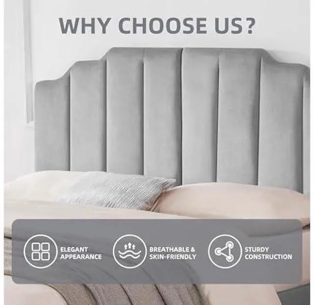 Main image of Huatean Home Tufted Headboard, Comfort Velvet Upholstered Headboard, Modern Vertical Channel Design, King Size Bed Compatible, Easy AssemblySoft Grey