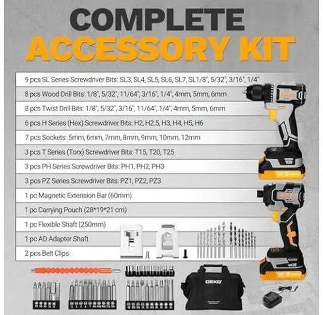 Main image of Cordless Drill & Impact Driver: DEKOPRO 20V Brushless Power Drill and 20V Brushless Impact Driver Set, Power Tool Set with 2x2.0Ah Batteries, Charger, Bag & 52xAccessories-Yellow