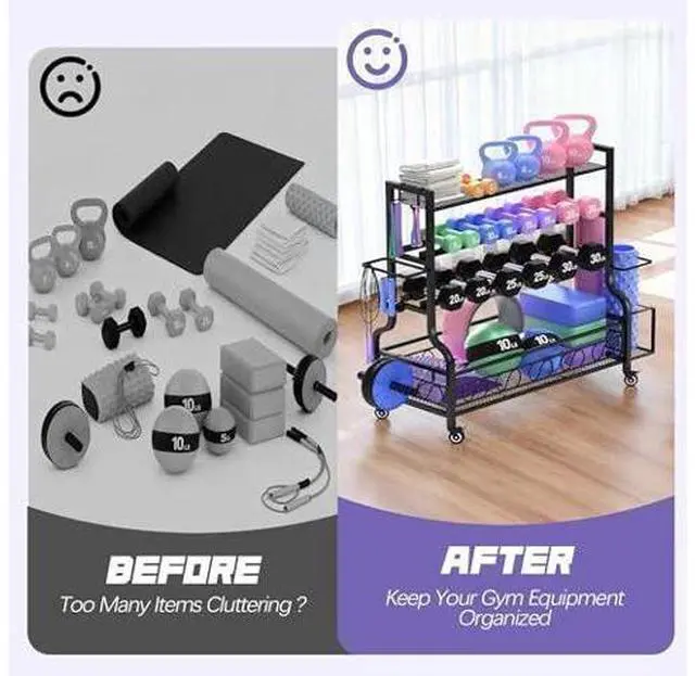 Main image of PARTPHONER Dumbbell Weight Rack, Home Gym Storage for Kettlebells Yoga Mat and Balls, All in One Workout Storage with Wheels and Hooks, Powder Coated Finish Steel