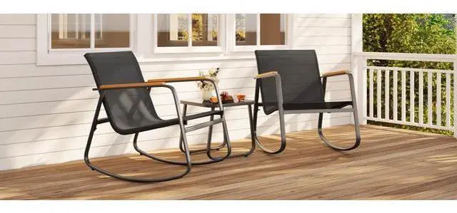 Main image of Ahomly 3 Pieces Patio Furniture Set, Outdoor Textilene Furniture Set with Wooden Armrests, Coffee Table with Tempered Glass Tabletop, Patio Chairs for Lawn, Balcony, Grey