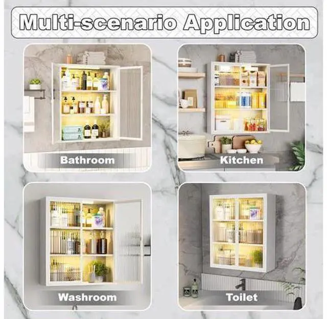 Main image of Bathroom Wall Cabinet,Metal Medicine Cabinet with Fluted Glass Doors,Wall Mounted Cabinet Over The T