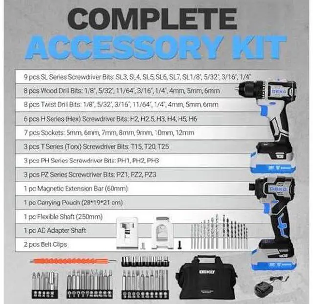 Main image of Cordless Drill & Impact Driver: DEKOPRO 20V Brushless Power Drill and 20V Brushless Impact Driver Set, Power Tool Set with 2 x 2.0Ah Batteries, Charger, Bag& 52 x Accessories-Blue