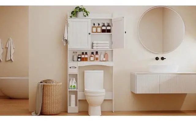 Main image of Ahomly Over The Toilet Storage Cabinet, 32.3" W x 70.3" H Over Toilet Bathroom Organizer with Doors, Adjustable Shelves, Toilet Paper Holder, 2 Side Hooks, Space-Saver for Bathroom, Laundry, White