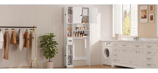 Main image of Ahomly Over The Toilet Storage Cabinet, Over Toilet Bathroom Organizer with Adjustable Shelves and Five Doors, Above Toilet Storage Cabinet for Bathroom, Restroom, Laundry, White
