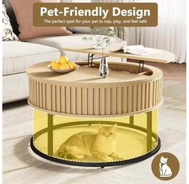 Main image of Round Coffee Table with Lift Top - Fluted Wood Center Coffee Tables for Living Room, Lifting Up for Dining, Large Hidden Circle Storage Compartment for Small Spaces, Mid Century Modern