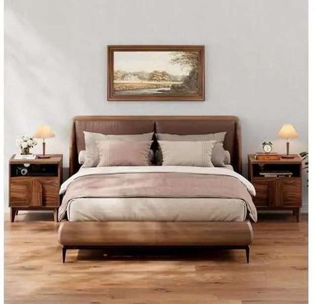 Main image of PARTPHONER Farmhouse Nightstand with Charging Station, 20" Wide Bedside Table with 2 Drawers, Open Shelf, Rustic Side End Table Arched Finish Drawer Pull for Bedroom, Living Room, Walnut
