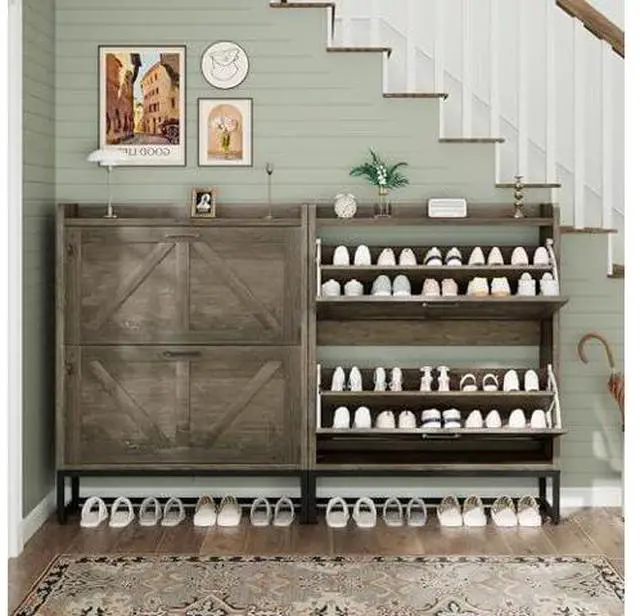 Main image of GRUSIGN Shoe Cabinet, Shoe Storage Cabinet with 2 Flip Drawers & Adjustable Shelf, Space-Saving Shoe Organizer Holds 16+ Pairs, Narrow Shoe Cabinet Storage for Entryway/HallwayGrey