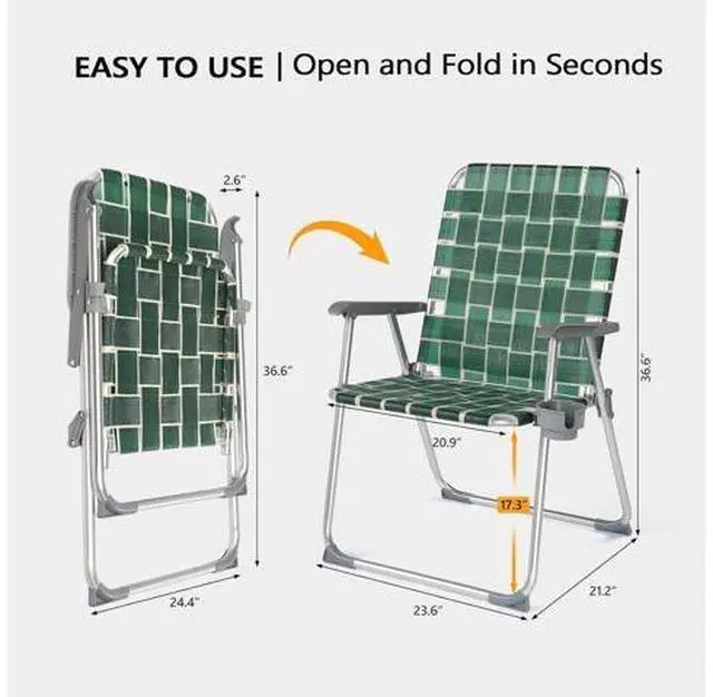 Main image of Folding Webbed Oversized Lawn Chairs with Detachable Cup Holder, 300 LBS High Beach Chair for Adults Heavy Duty, Portable Aluminum Patio Chair for Yard, Garden, 2 Pack,Dark Green