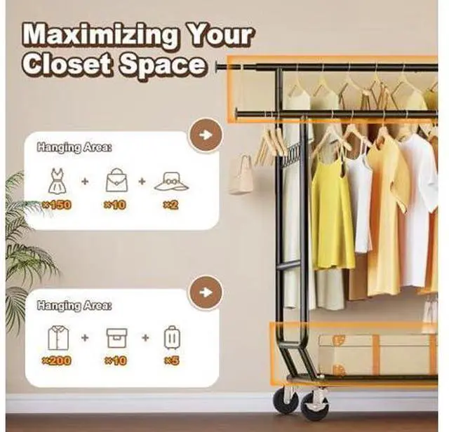 Main image of HOKEEPER Clothes Rack Heavy Duty Clothing Rack Load 650 LBS Collapsible Garment Rack with Wheels Double Rod Coat Rack for Hanging Clothes Commercial Closet Rack with Shelves, Black 22" D*75" W*68" H