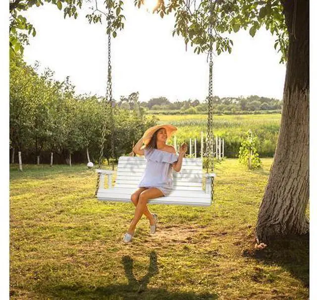 Main image of Upgraded Patio Wooden Porch Swing for Courtyard & Garden, Heavy Duty 880 LBS Swing Chair Bench with Hanging Chains for Outdoors (White, 4 FT)