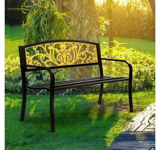 Main image of Outdoor Bench for Patio Metal Garden Bench w/PVC Back Pattern, Black Park Benches Front Porch Benches for Yard Lawn Decor Deck Entryway (Yellow&Black)