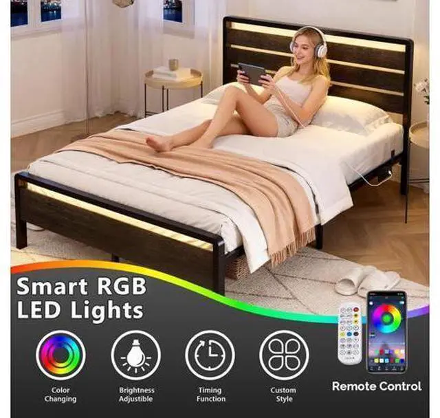 Main image of Full Size Bed Frame with 12-Inch Under Bed Storage, Metal Platform, LED Headboard, Footboard, 2 AC 2 USB 1 Type-C Charging Ports, Sturdy Metal Noise-Free Design, Modern Apartment Bedroom,Black