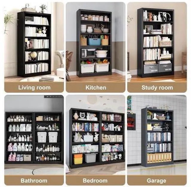 Main image of 5 Shelf Bookcase, Black Bookcase with Adjustable Shelves, Heavy Duty Bookshelf for Storage, Book Cas