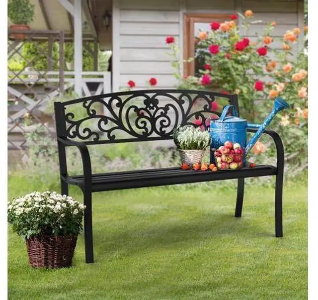Main image of Outdoor Bench for Patio Metal Garden Bench w/PVC Back Pattern, Black Park Benches Front Porch Benches for Yard Lawn Decor Deck Entryway (Black-Floral)
