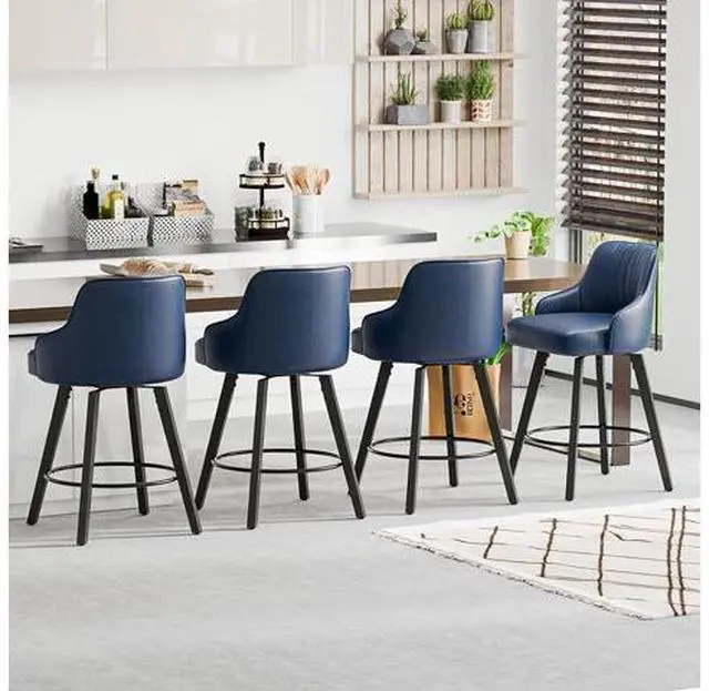 Main image of 26" H Swivel Barstools Set of 1, PU Leather Upholstered Counter Stool with Back, Kitchen High Chairs Counter Height Bar stools with Cushion, Solid Wood Legs, Blue