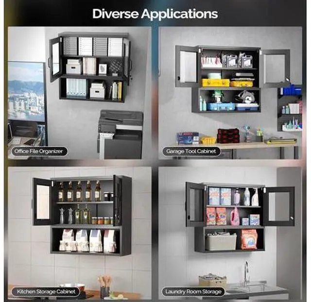 Main image of Metal Wall Cabinet with Locking Glass Doors, Adjustable Shelf, Wall Mounted Storage Display Cabinets for Garage, Kitchen, Home Office, Warehouse, Living Room, Black