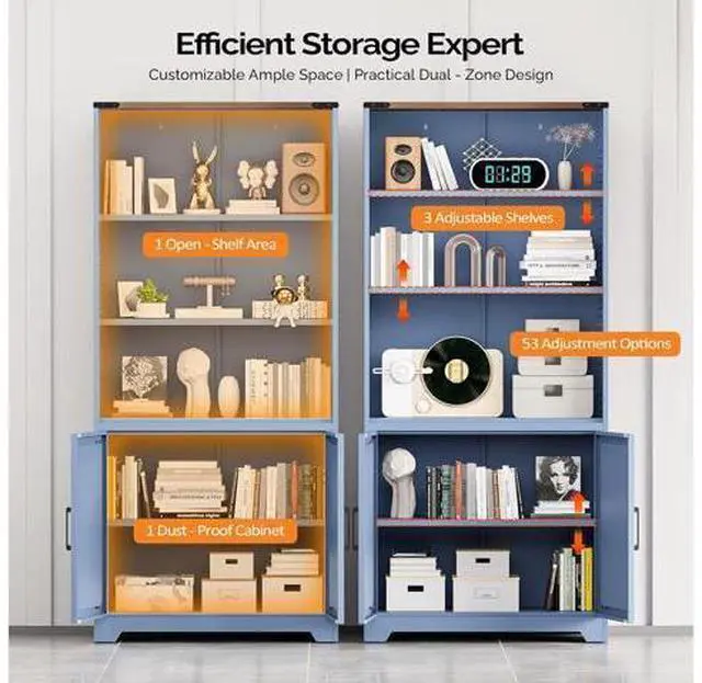 Main image of Blue Bookcase with Doors and Adjustable Shelves, Steel 70" Tall Bookshelf Display Cabinet, 6-Tier Tall Farmhouse Metal Storage Cabinet for Study, Living Room, Home Office, Kitchen Pantry