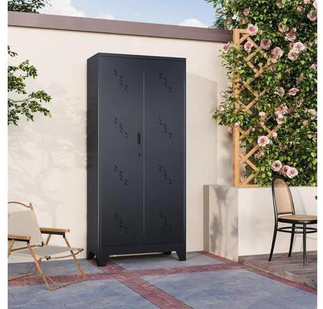 Main image of Broom Closet Storage Cabinet, Black Metal Cabinet with Lockable Doors, 75" Tall Garage Storage Cabin