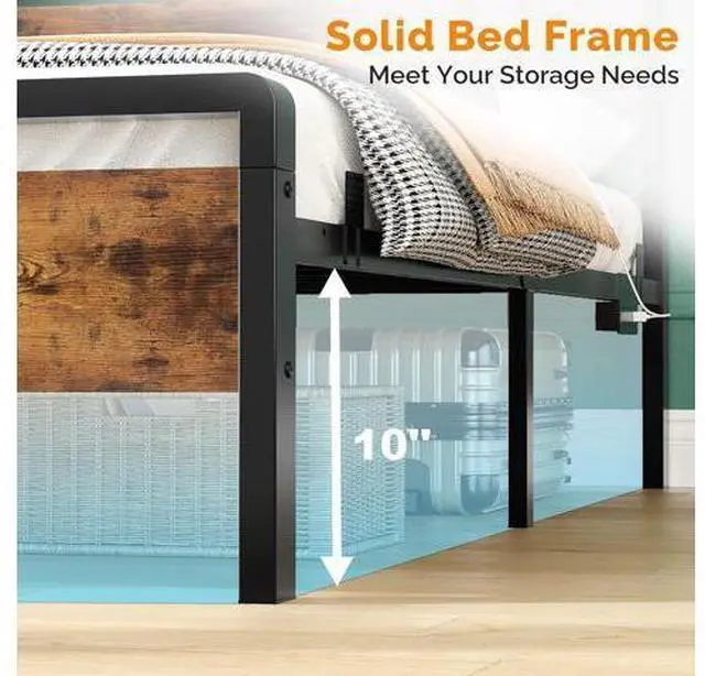 Main image of Rustic Queen Bed Frame with Wood Headboard and Footboard, Led Light, 2 AC 2 USB 1 Type-C Charging Ports, 12-Inch Storage Underneath, Duty Metal Slat Support, Modern Apartment, Retro Brown