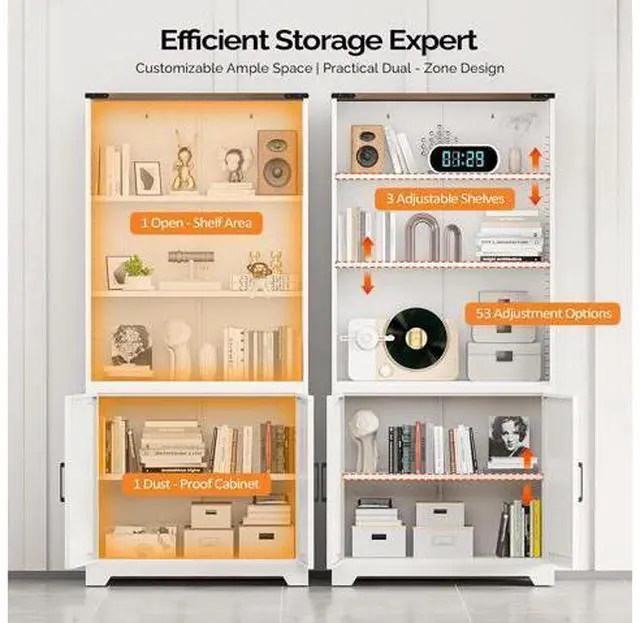Main image of Bookcase with Doors and Adjustable Shelves, Steel 70" Tall Bookshelf, 6-Tier Farmhouse Metal Storage Cabinet for Study, Living Room, Home Office, Kitchen Pantry, White Display Cabinet