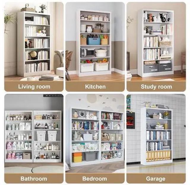 Main image of 5 Shelf Bookcase, White Bookcase with Adjustable Shelves, Heavy Duty Bookshelf, Book Case for Organi