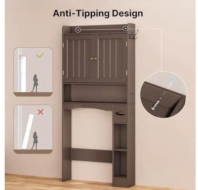 Main image of Ahomly Over The Toilet Storage Cabinet, 32.3" W Over Toilet Bathroom Organizer with Doors, Adjustable Shelves, Toilet Paper Holder, 2 Side Hooks, Space-Saver for Bathroom, Laundry, Espresso