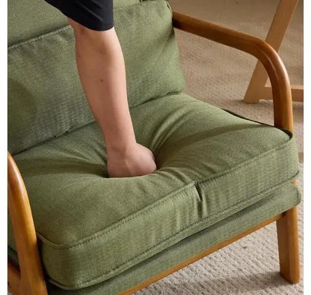 Main image of Dark Green Linen Mid Century Modern Accent Chair, Soild Wood Padding Lounge Armchairs Side Sitting Chairs for Living Room, Bedroom, Guest Room