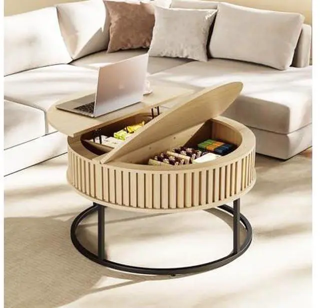 Main image of Round Coffee Table with Lift Top - Fluted Wood Center Coffee Tables for Living Room, Lifting Up for Dining, Large Hidden Circle Storage Compartment for Small Spaces, Mid Century Modern Natural
