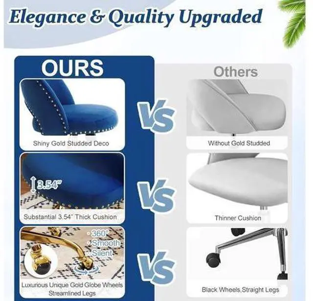 Main image of Modern Velvet Small Office Chair,Cute Desk Chair with Wheels,Gold Base/Studs, Comfy Armless Swivel Vanity Task Chair for Women/Girl/Kids, Nail Tech Chair for Bedroom,Small Space,Navy Blue
