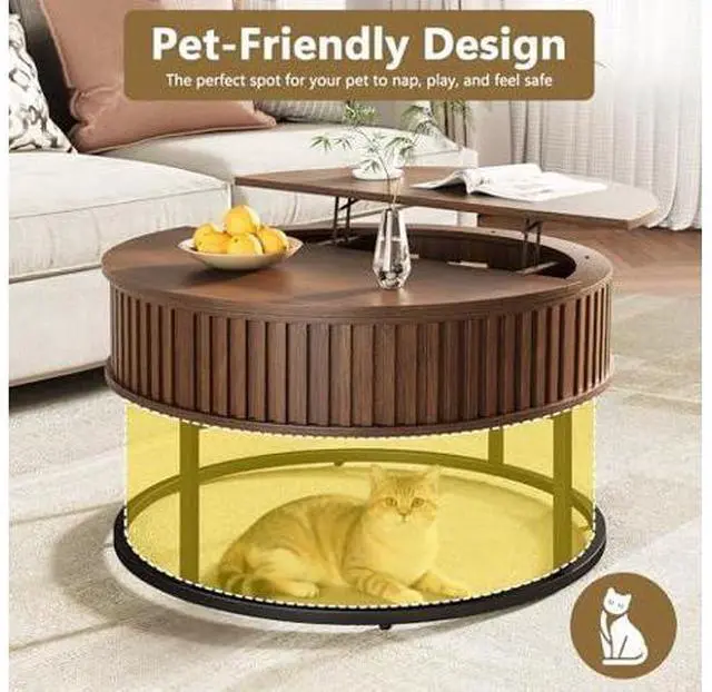 Main image of Round Coffee Table with Lift Top - Fluted Wood Center Coffee Tables for Living Room, Lifting Up for Dining, Large Hidden Circle Storage Compartment for Small Spaces, Mid Century Modern