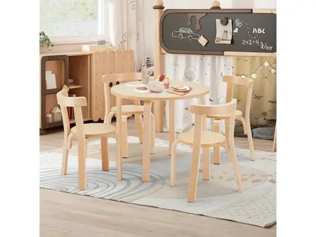 Main image of Kids Table and 4 Chairs Set - Round Table and Chair Set for Children, EN71 Certified, Birch Veneer - Wooden Dining Play Set for Children, Durable Wooden Play Table and Chairs, Solid Wood