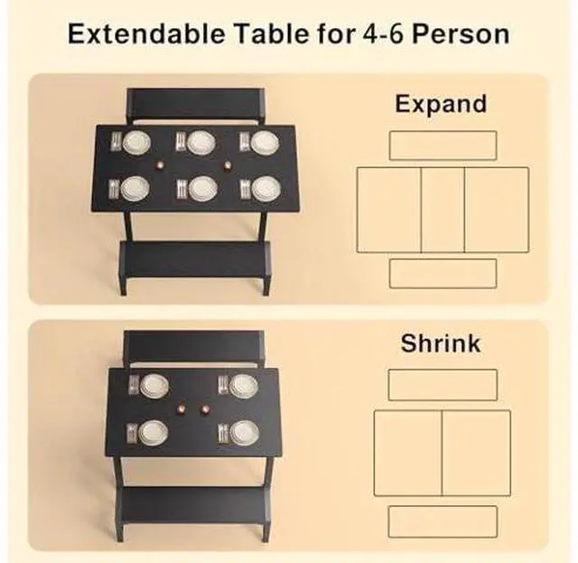 Main image of Ahomly 63 Large Extendable Dining Table Set for 4-6 with 180° Smart-Flip Pivot, Kitchen Table Set with Bench, Dining Room Table with Metal Frame & MDF Board, Perfect for Small Space, Black