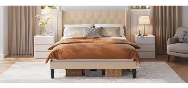 Main image of Ahomly Full Size Bed Frame, Upholstered Bed Frame with Headboard and Strong Wooden Slats, Sturdy and Stable, No Box Spring Needed, Heavy Duty Feet, Easy Assembly, Beige
