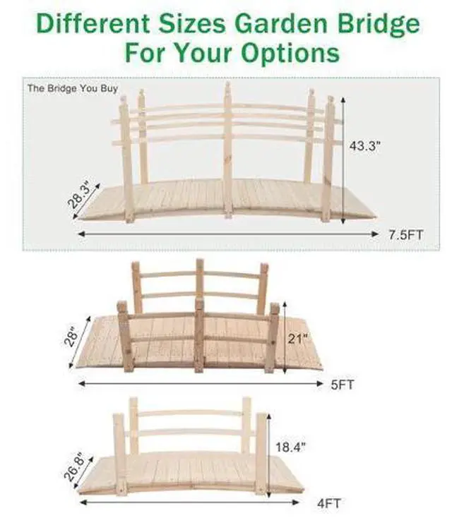 Main image of 7.5 ft Garden Bridge, Arch Walkway Wooden Bridge with Safety Rails Natural Finished, Decorative Landscaping Footbridge for Koi Pond, Dry Creek Bed, Garden Pathway or Japanese Zen Decor
