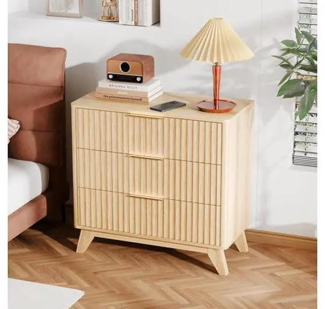 Main image of Fluted Wood Nightstand 3 Drawer, 31.5" W Mid Century Modern Nightstand Tall, Fluted Bedside Table, End Table, Night Stand for Bedroom, Oak, 31.5" W*15.96" D*29.72" H