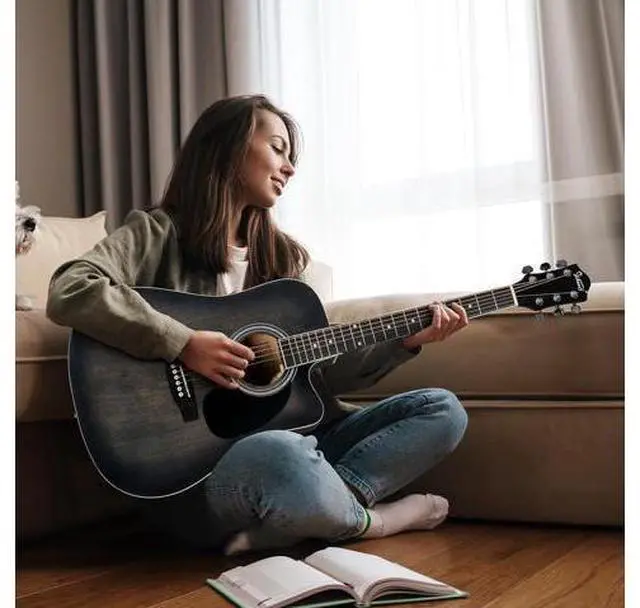 Main image of Full Size 6 Strings Acoustic Electric Guitar Beginner Kit w/ 15W Amp, Cutaway 41 Inch Electric Acoustic Guitar w/Inbuilt Tuner, Bag, Strap, Picks, Strings, Basswood Guitarra, Distressed Black