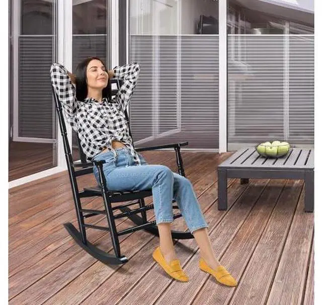 Main image of Wooden Rocking Chair, Outdoor Chair with 450 lbs Support, Relaxing Rocker with Solid Wood High Back Seat Reclining Seat for Deck, Garden, Backyard, Porch, Indoor or Outdoor Use (Black, 1PC)