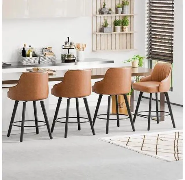 Main image of 26" H Swivel Barstools Set of 1, PU Leather Upholstered Counter Stool with Back, Kitchen High Chairs Counter Height Bar stools with Cushion, Solid Wood Legs, Brown