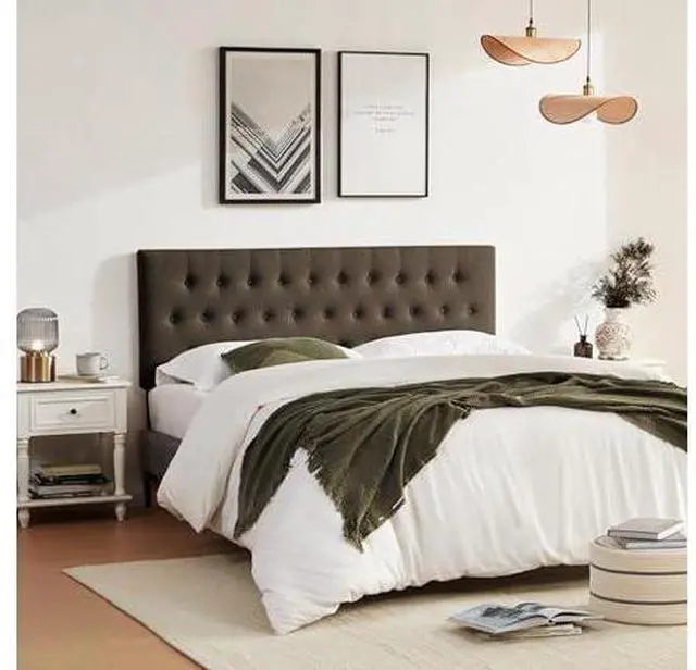 Main image of Huatean Home Tufted Upholstered Headboard Full Size, Solid Wood Head Board with Durable Metal Legs, Adjustable Height Bed headboard from 37 to 51 Fabric Headboard in Modern Button Design, Chocolate