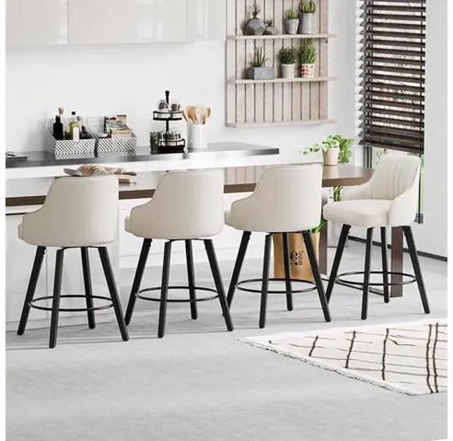 Main image of 26" H Swivel Barstools Set of 1, Linen Fabric Upholstered Counter Stool with Back, Kitchen High Chairs Counter Height Bar stools with Cushion, Solid Wood Legs, Beige