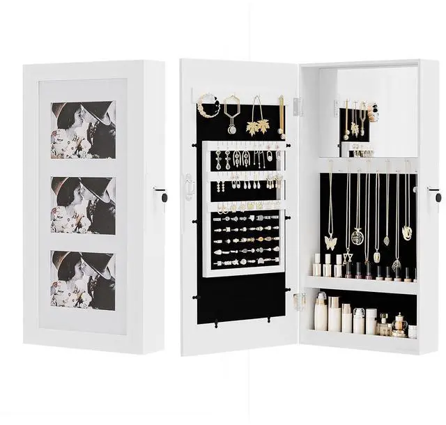 Main image of Lockable Wall-Mounted Jewelry Organizer for Women, 3-in-1 Photo Frame, Mirror & Storage Cabinet, Hanging Jewelry Box, Aplenty Display Jewelry Armoire, Space-Saving Gift