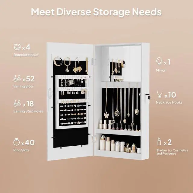 Alt view image 2 of 7 - Lockable Wall-Mounted Jewelry Organizer for Women, 3-in-1 Photo Frame, Mirror & Storage Cabinet, Hanging Jewelry Box, Aplenty Display Jewelry Armoire, Space-Saving Gift