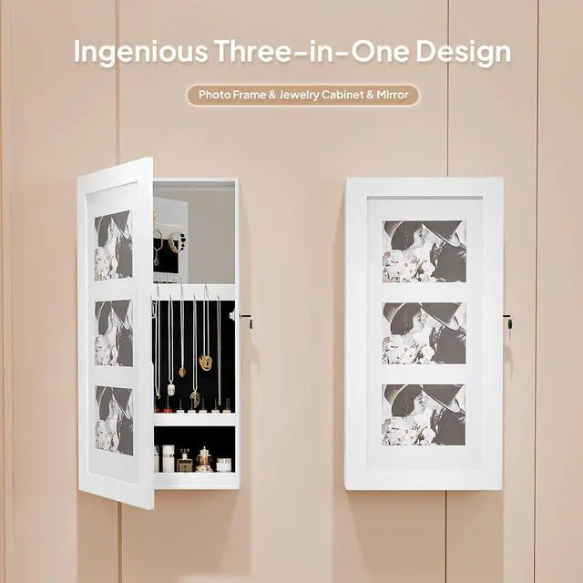 Alt view image 4 of 7 - Lockable Wall-Mounted Jewelry Organizer for Women, 3-in-1 Photo Frame, Mirror & Storage Cabinet, Hanging Jewelry Box, Aplenty Display Jewelry Armoire, Space-Saving Gift