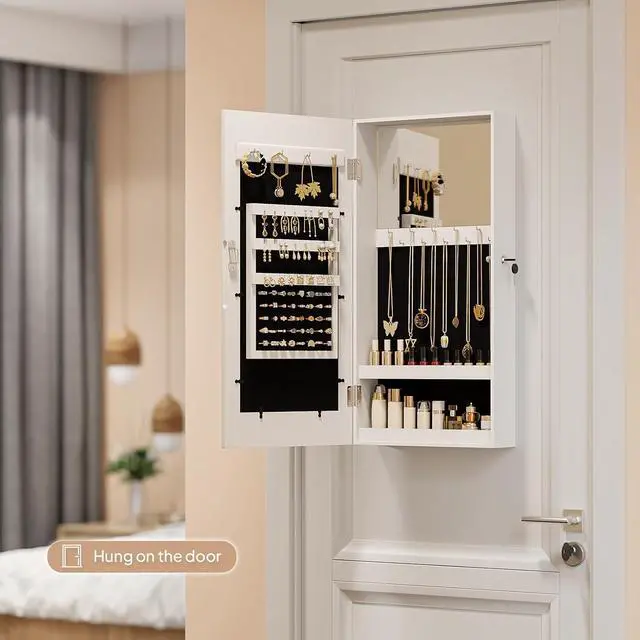 Alt view image 7 of 7 - Lockable Wall-Mounted Jewelry Organizer for Women, 3-in-1 Photo Frame, Mirror & Storage Cabinet, Hanging Jewelry Box, Aplenty Display Jewelry Armoire, Space-Saving Gift