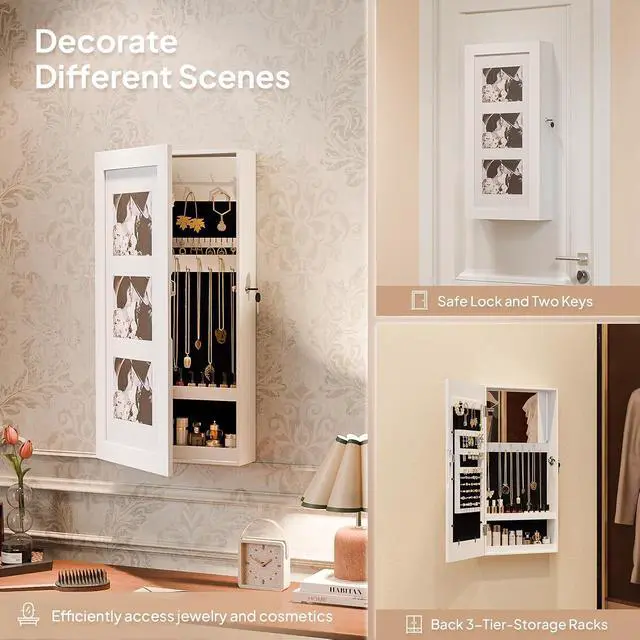 Alt view image 5 of 7 - Lockable Wall-Mounted Jewelry Organizer for Women, 3-in-1 Photo Frame, Mirror & Storage Cabinet, Hanging Jewelry Box, Aplenty Display Jewelry Armoire, Space-Saving Gift