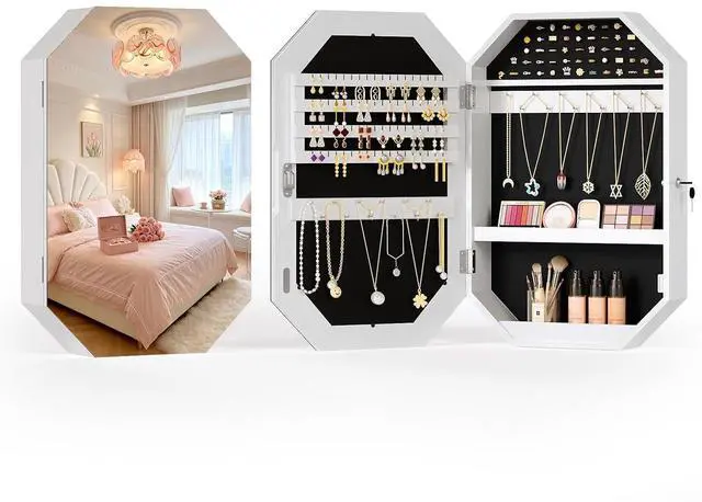 Main image of Diamond-Shaped Wall-Mounted Jewelry Organizer, Lockable Octagonal Jewelry Cabinet with Mirror, Space-Saving Hanging Storage for Earrings, Necklaces, Rings, Modern and Elegant Home Decor