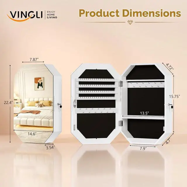 Alt view image 2 of 7 - Diamond-Shaped Wall-Mounted Jewelry Organizer, Lockable Octagonal Jewelry Cabinet with Mirror, Space-Saving Hanging Storage for Earrings, Necklaces, Rings, Modern and Elegant Home Decor