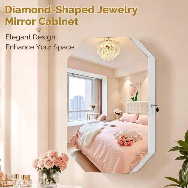 Alt view image 3 of 7 - Diamond-Shaped Wall-Mounted Jewelry Organizer, Lockable Octagonal Jewelry Cabinet with Mirror, Space-Saving Hanging Storage for Earrings, Necklaces, Rings, Modern and Elegant Home Decor