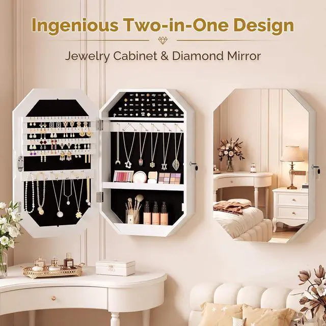Alt view image 4 of 7 - Diamond-Shaped Wall-Mounted Jewelry Organizer, Lockable Octagonal Jewelry Cabinet with Mirror, Space-Saving Hanging Storage for Earrings, Necklaces, Rings, Modern and Elegant Home Decor